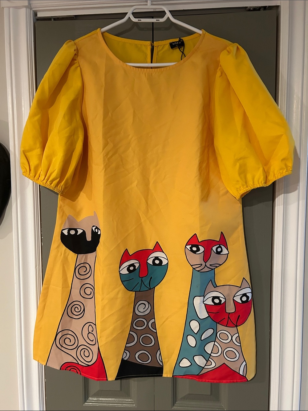 Vonda Yellow Women's Cat Print Puff Sleeve Dress